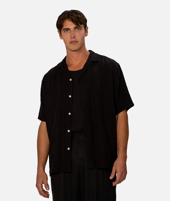 The Catanza Stripe Short Sleeve Linen Shirt - Black